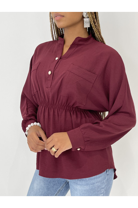 Blouse bordeaux elastique à la taille à boutons perles - 4