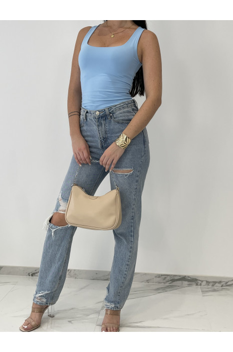 Jeans bleu  loose taille haute destroy - 1