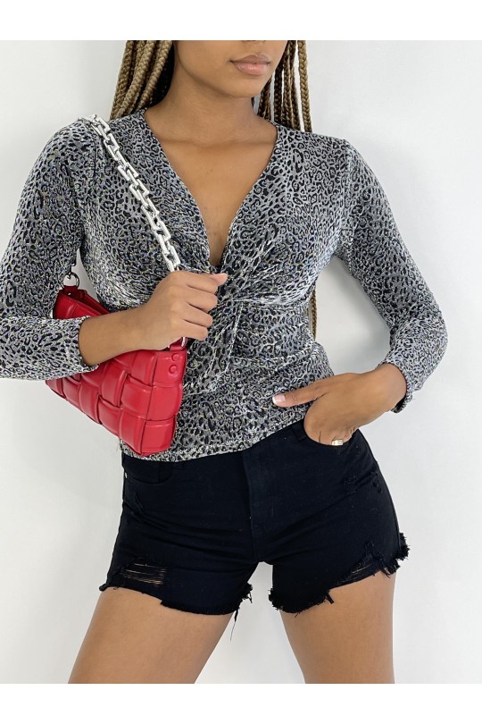 Sparkly Top With Silver Leopard Print Long Sleeve V Neck - 1