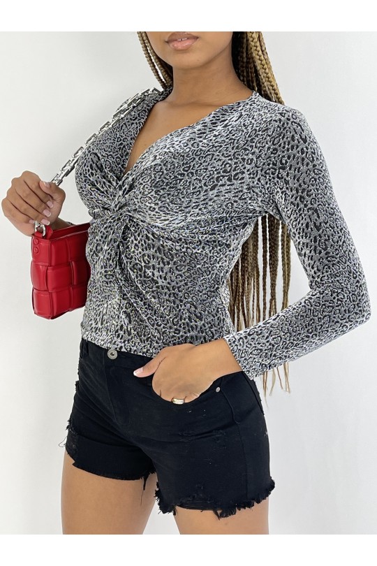 Sparkly Top With Silver Leopard Print Long Sleeve V Neck - 2