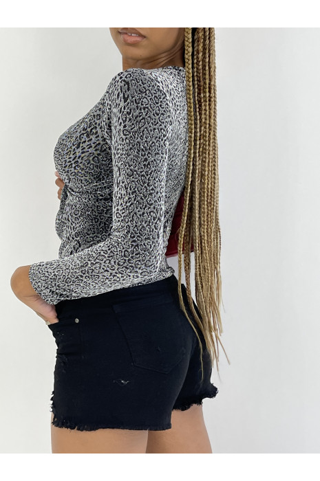 Sparkly Top With Silver Leopard Print Long Sleeve V Neck - 3