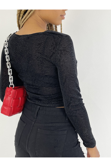 Glittery top with black leopard prints long sleeve, v-neck - 2