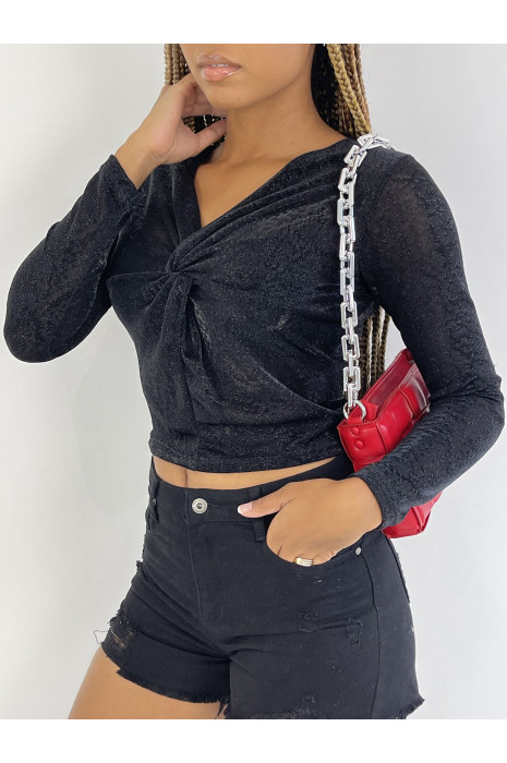 Glittery top with black leopard prints long sleeve, v-neck - 3