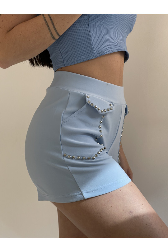 Blauwe korte broek met studs en hoge taille - 3