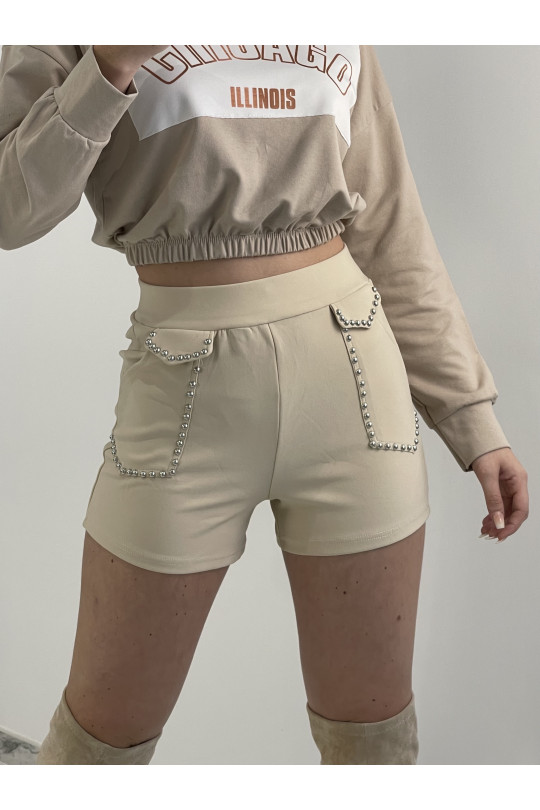 High waist beige studded shorts - 1