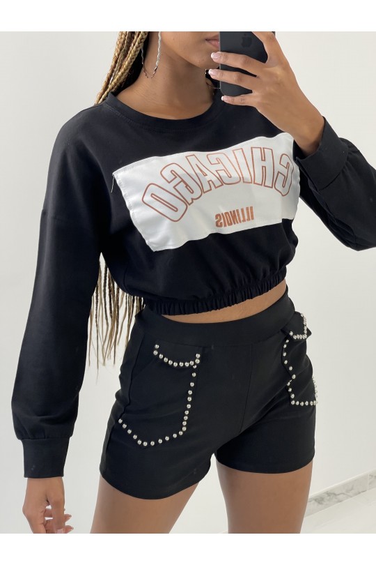 Black cropped sweater with "CHICAGO" print - 2