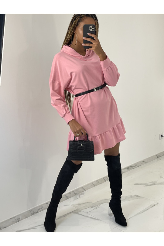 Pink sweatshirt dress with ruffle and belt at the waist - 1