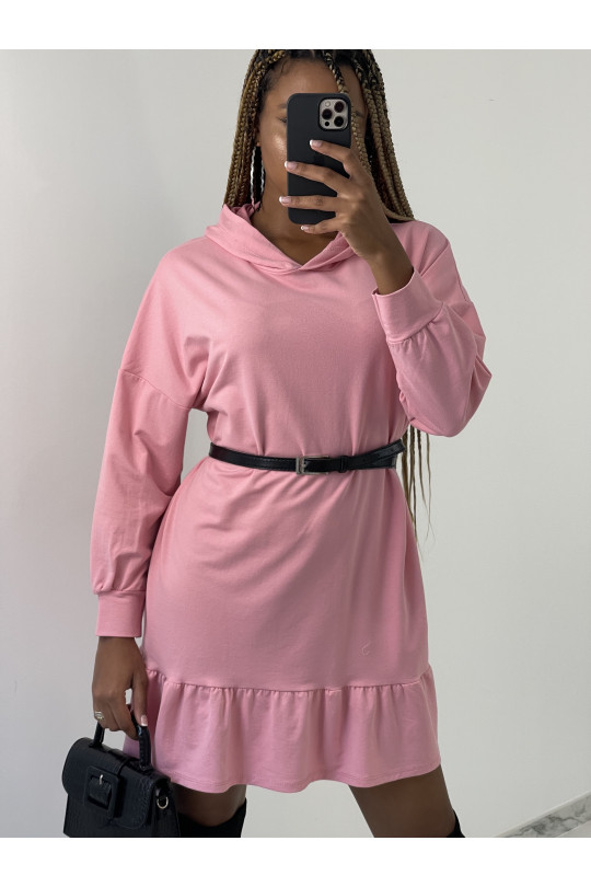 Pink sweatshirt dress with ruffle and belt at the waist - 2