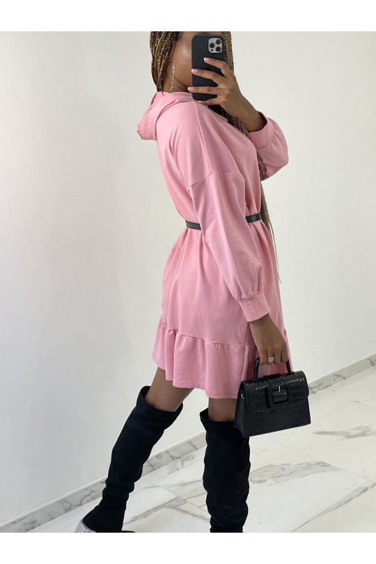 Pink sweatshirt dress with ruffle and belt at the waist - 3