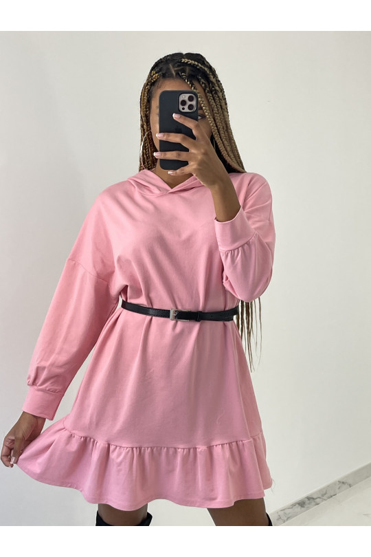 Pink sweatshirt dress with ruffle and belt at the waist - 4