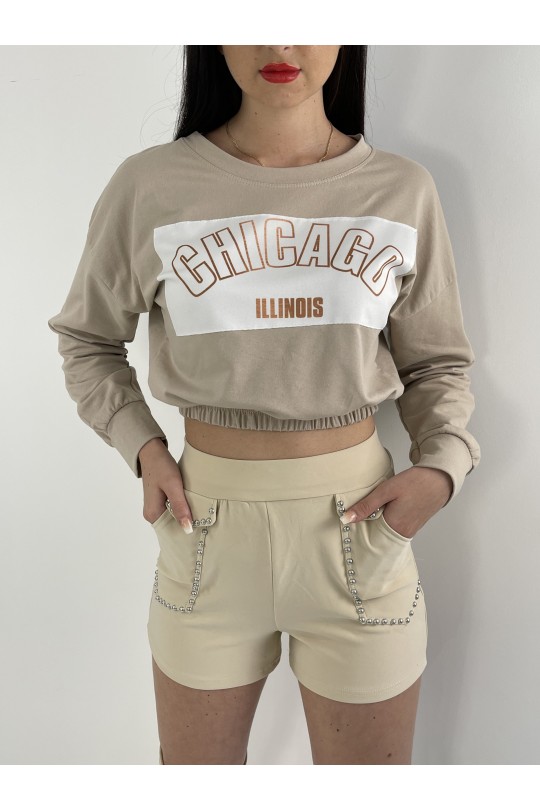 Beige cropped sweater with "CHICAGO" print - 2