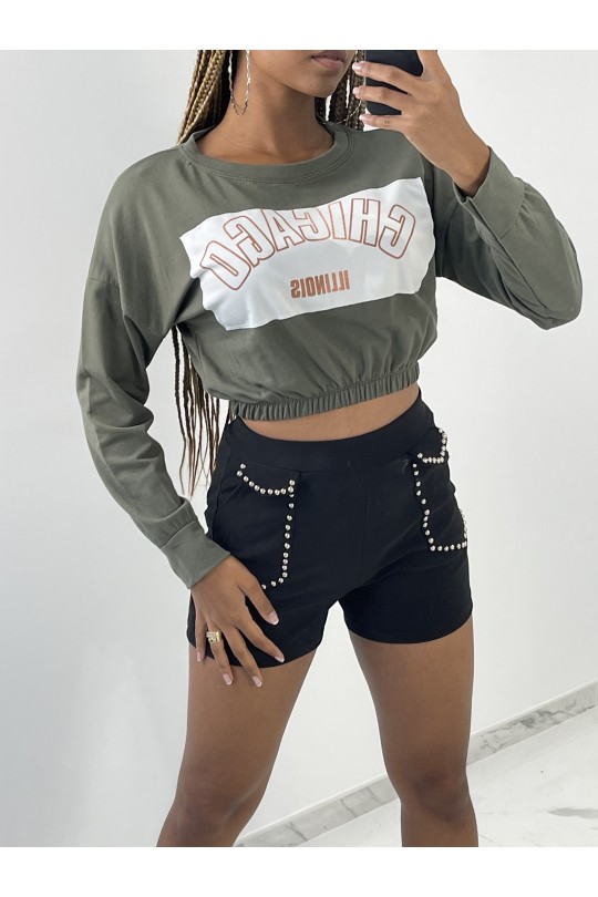 Khaki cropped sweater with "CHICAGO" print - 1