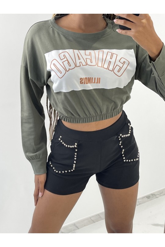 Khaki cropped sweater with "CHICAGO" print - 2