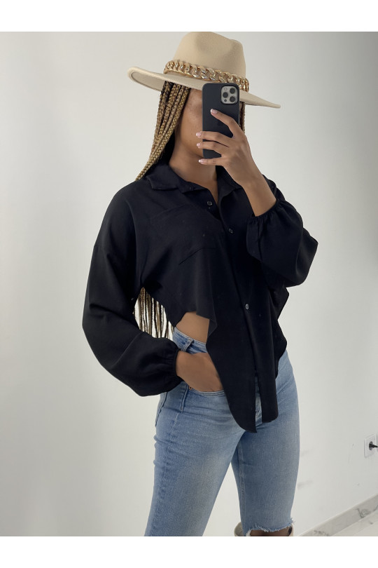 Black Cropped Tie Long Puff Sleeve Shirt - 1