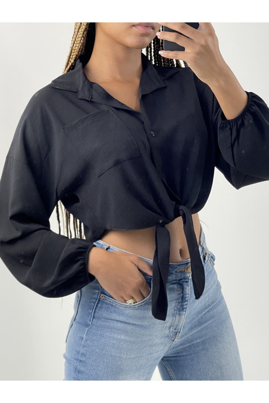 Black Cropped Tie Long Puff Sleeve Shirt - 2