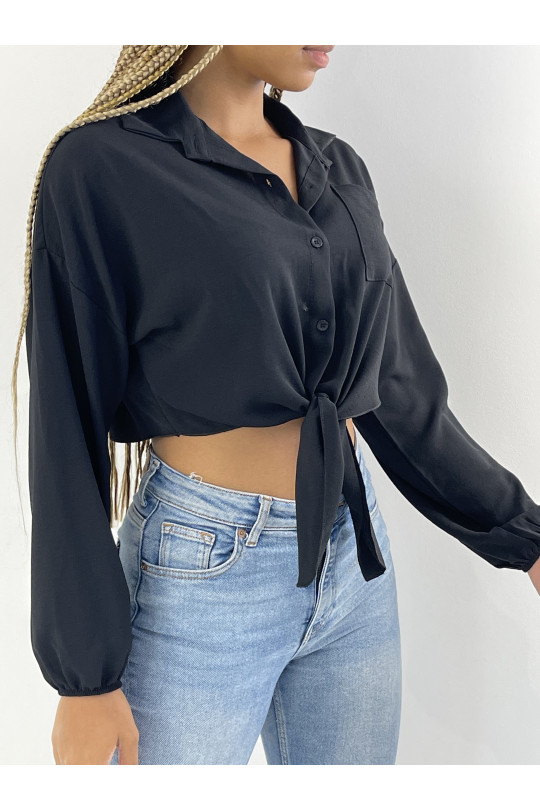 Black Cropped Tie Long Puff Sleeve Shirt - 3