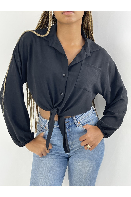 Black Cropped Tie Long Puff Sleeve Shirt - 4