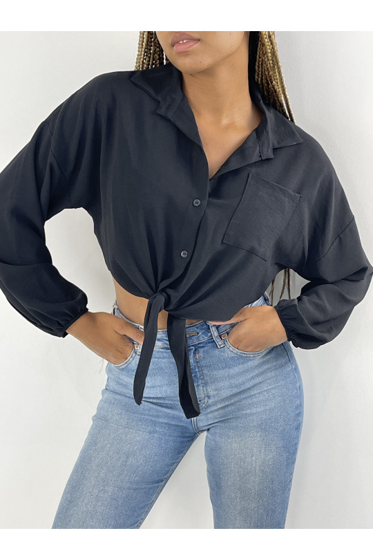 Black Cropped Tie Long Puff Sleeve Shirt - 5