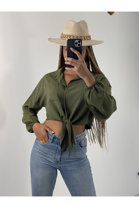 Khaki cropped shirt to tie with long puff sleeves - 1