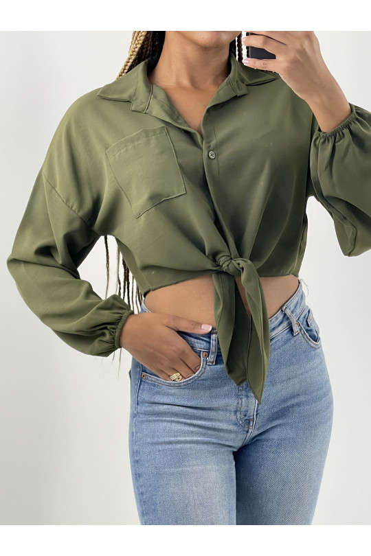 Khaki cropped shirt to tie with long puff sleeves - 2