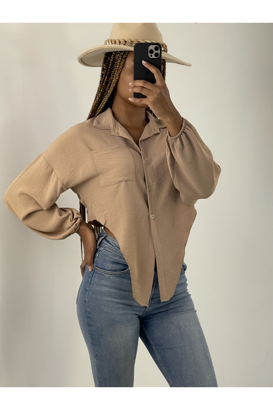 Taupe Cropped Long Puff Sleeve Tie Shirt - 1