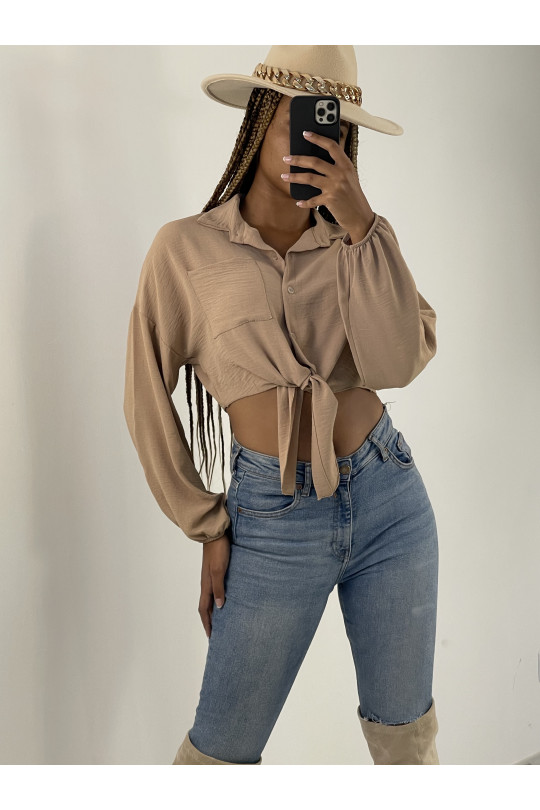 Taupe Cropped Long Puff Sleeve Tie Shirt - 2