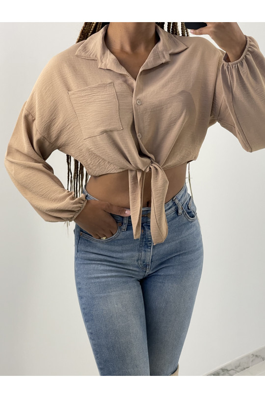 Taupe Cropped Long Puff Sleeve Tie Shirt - 3
