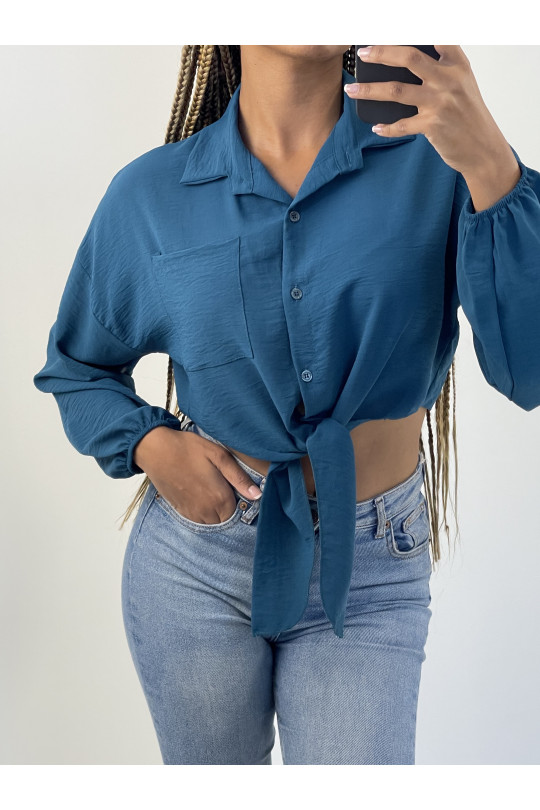 Teal blue cropped shirt with long puff sleeves - 1