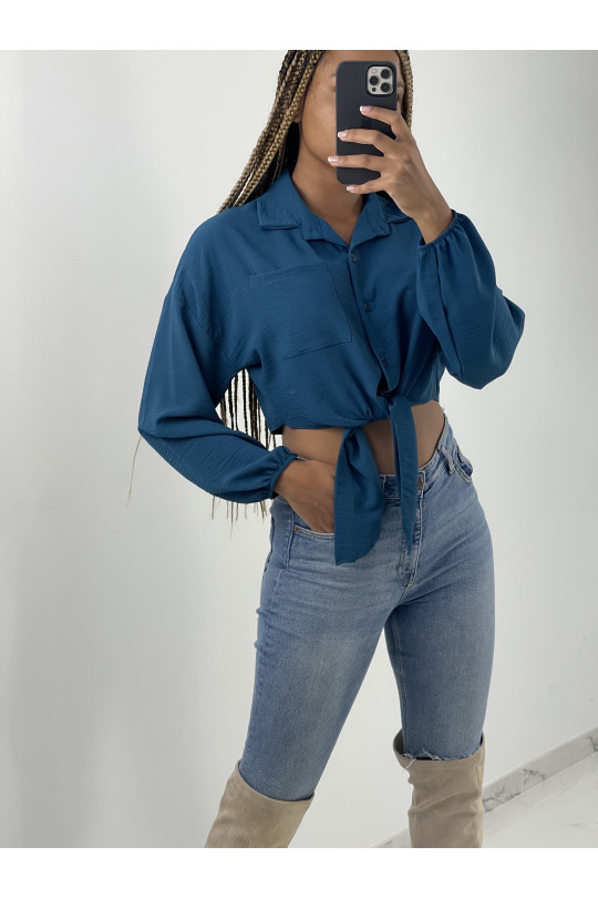 Teal blue cropped shirt with long puff sleeves - 3