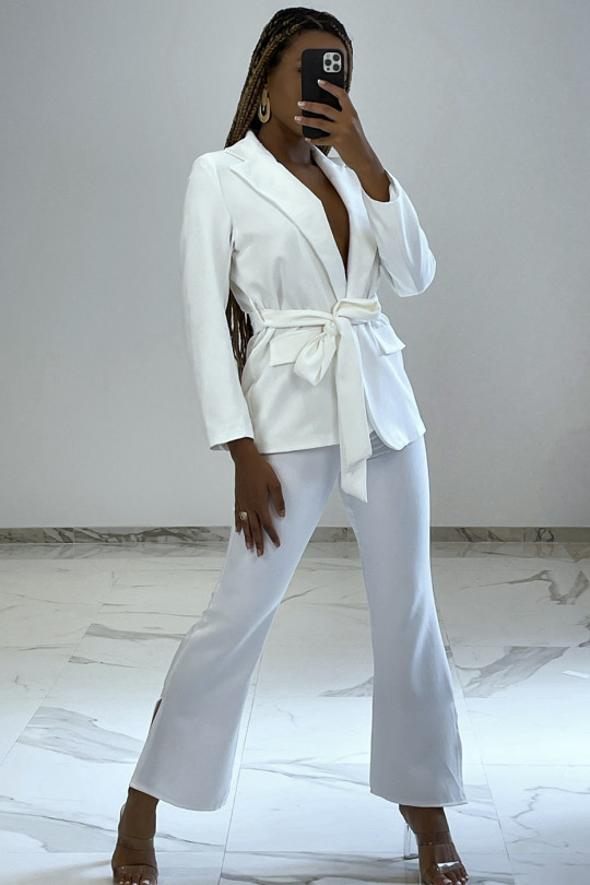 White Tie Suit Set With High Waist Pants - 1