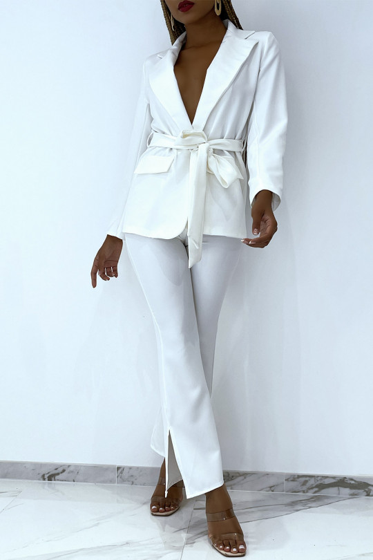 White Tie Suit Set With High Waist Pants - 3