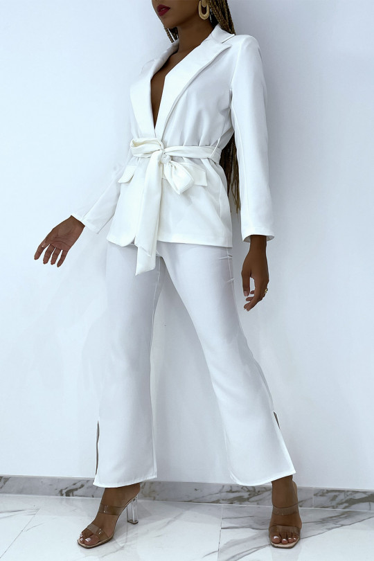 White Tie Suit Set With High Waist Pants - 4
