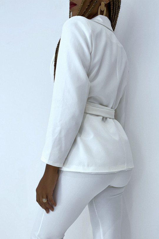 White Tie Suit Set With High Waist Pants - 5