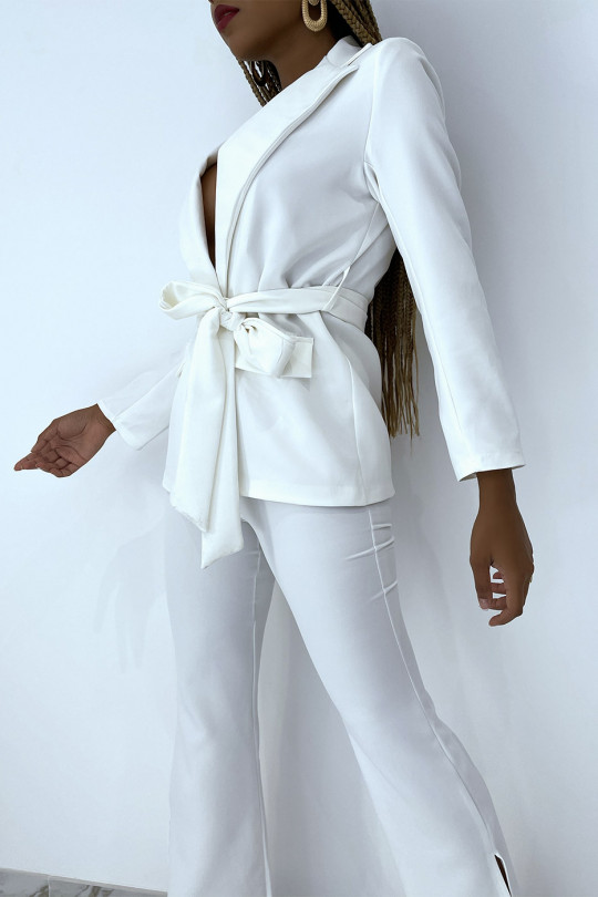 White Tie Suit Set With High Waist Pants - 6