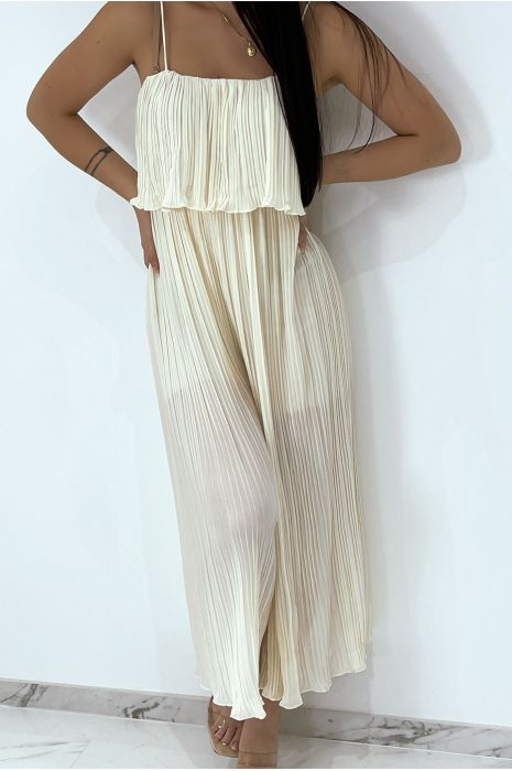 RoBB d'été fluide beige à col bardot à volants et fines bretelles - 2