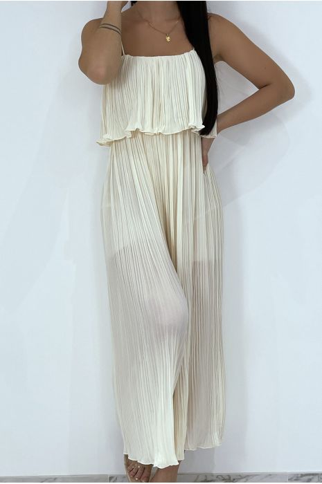 RoBB d'été fluide beige à col bardot à volants et fines bretelles - 3