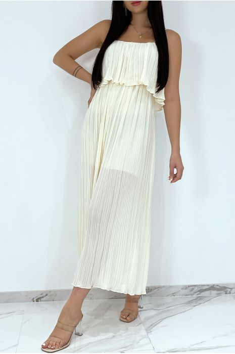 RoBB d'été fluide beige à col bardot à volants et fines bretelles - 5