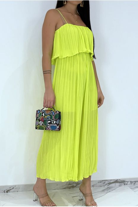 Robe d'été fluide jaune fluo à col bardot à volants et fines bretelles - 4