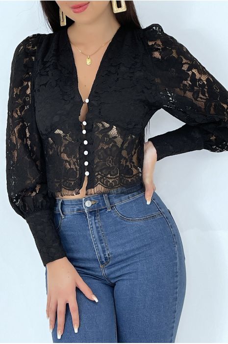 Black lace vintage blouse top - 3