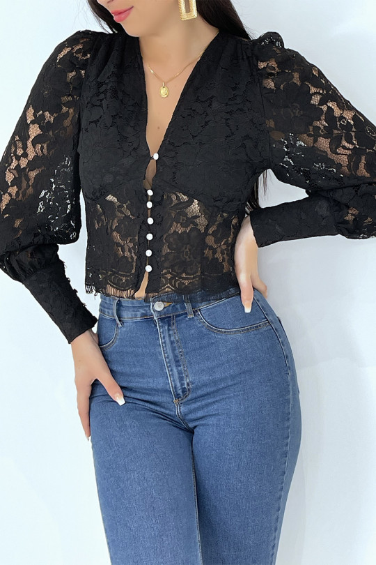 Black vintage blouse style lace top - 4