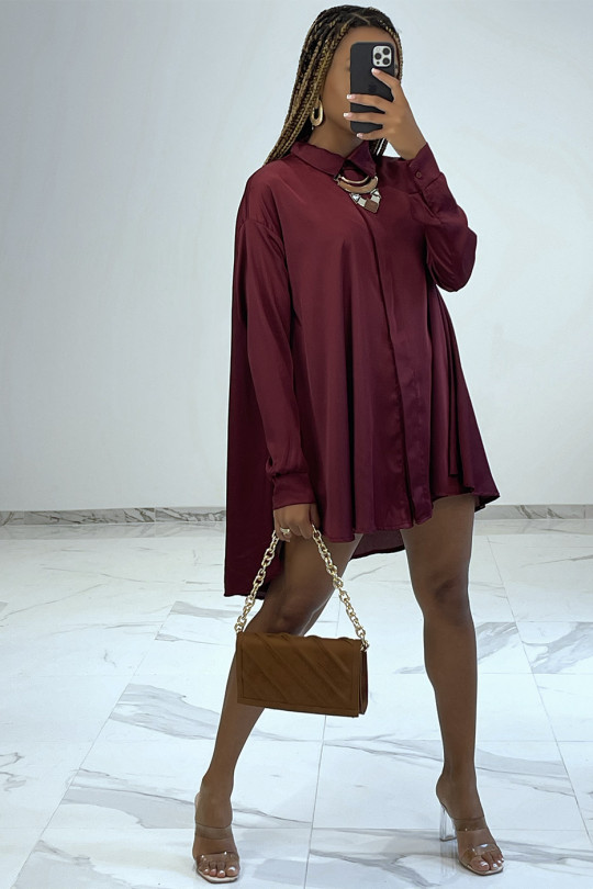 Chemise rouge bordeaux satiné oversize à manches longues et bas évasé - 1