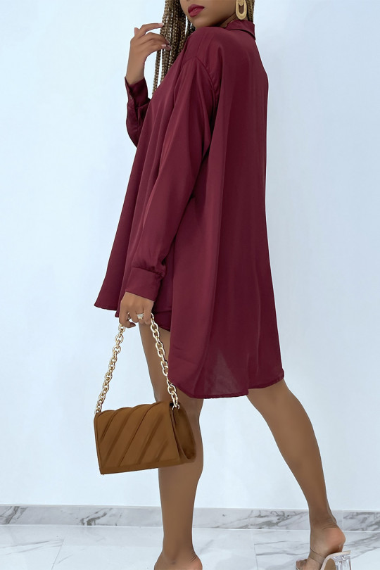 Chemise rouge bordeaux satiné oversize à manches longues et bas évasé - 3