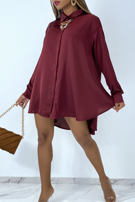 Chemise rouge bordeaux satiné oversize à manches longues et bas évasé - 4
