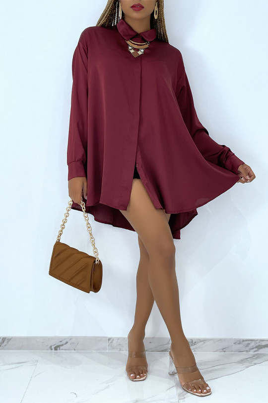 Chemise rouge bordeaux satiné oversize à manches longues et bas évasé - 5