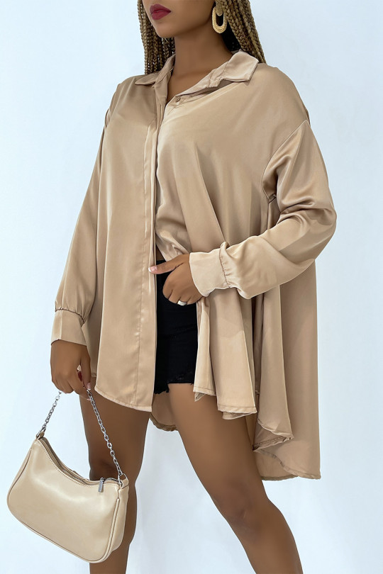 Chemise camel satiné oversize à manches longues et bas évasé - 6