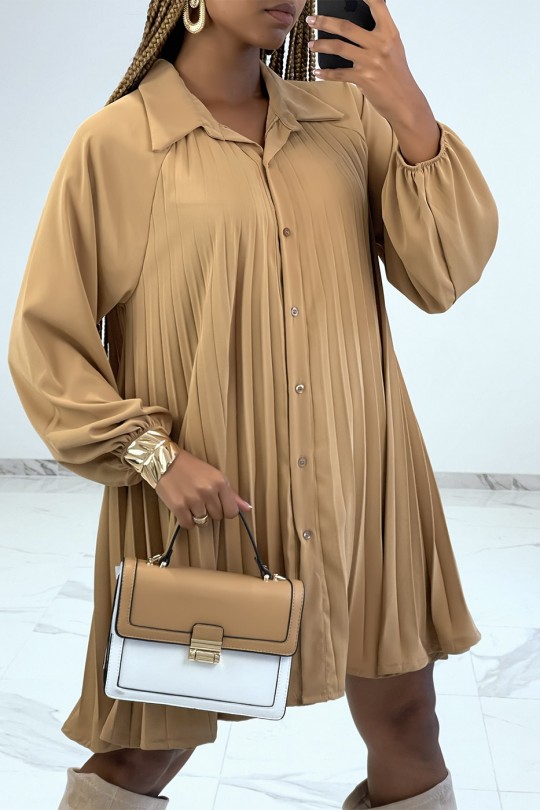 RoCR camel pleated shirt with puff sleeves - 3