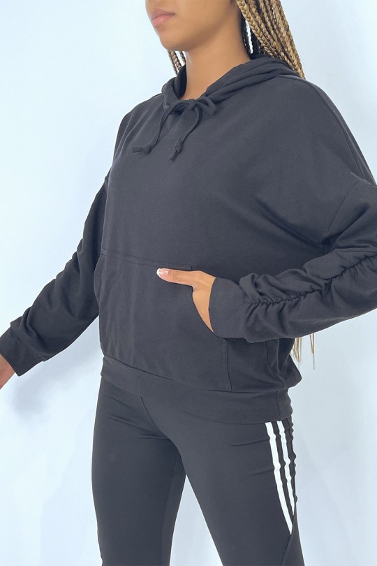 Black hoodie with pockets and gathered sleeves - 1
