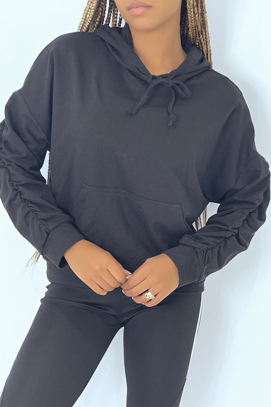 Black hoodie with pockets and gathered sleeves - 3