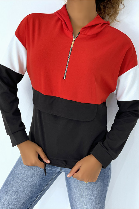 Sweat à capuche bi color rouge et noir avec zip - 1
