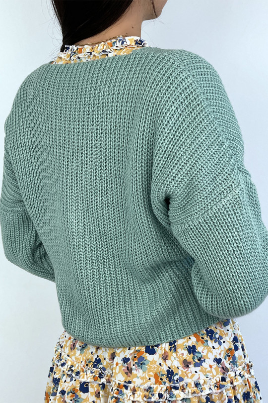 Trendy aqua green acrylic knit cardigan - 5